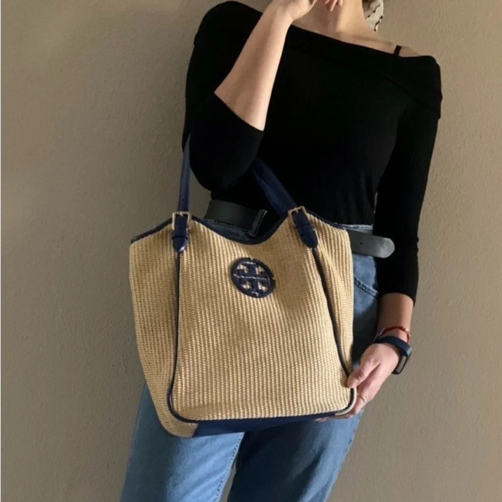 Tory Burch Leather Trim Raffia Tote Bag - Picture 7 of 9
